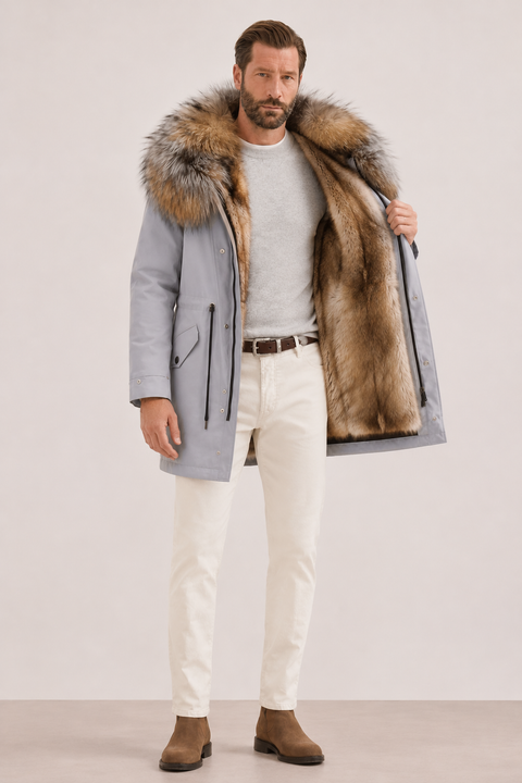Parka verde da uomo foderato in pelliccia