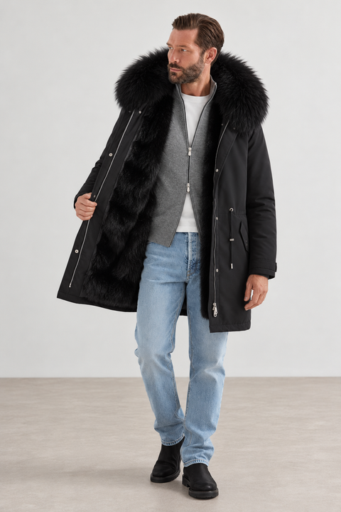 Parka da uomo nero foderato in pelliccia