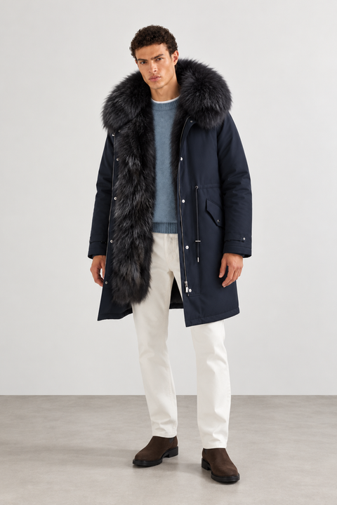 Parka midi da uomo in pelliccia di volpe blu navy