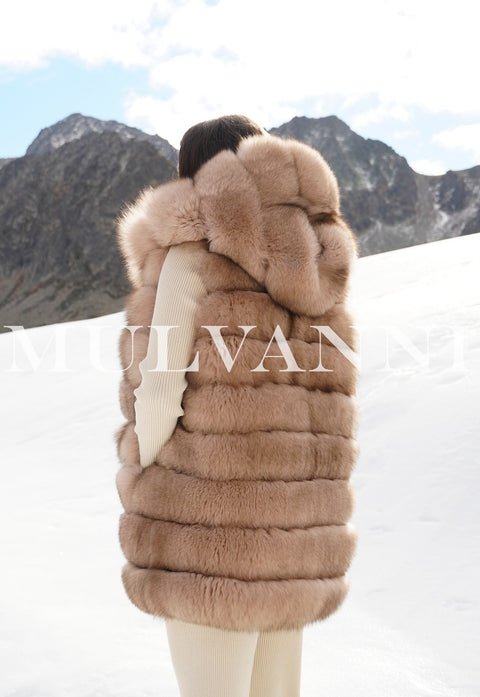 Reversible Merino Wool Parka And Fox Fur Vest, limited edition luxury designer coat in snowstorm-perfect setting.