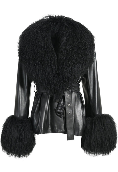 Trendy black leather jacket with luxurious Mongolian fur collar and fur cuffs. 
