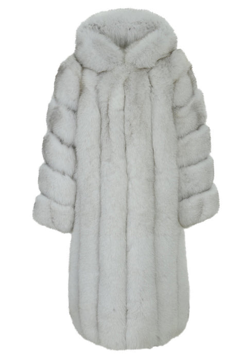 Genuine Natural Fox Fur Coat featuring a luxurious long design with soft, pale gray fox fur.