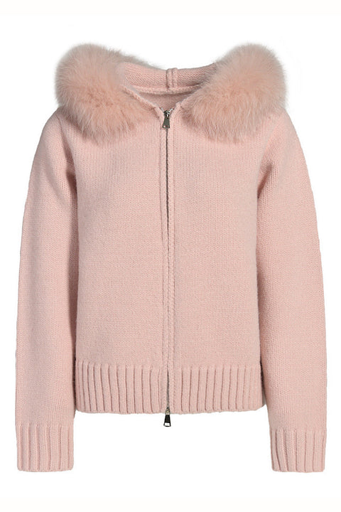 Light pink cashmere jacket with plush fox fur trim, perfect for soft and feminine loungewear elegance.
