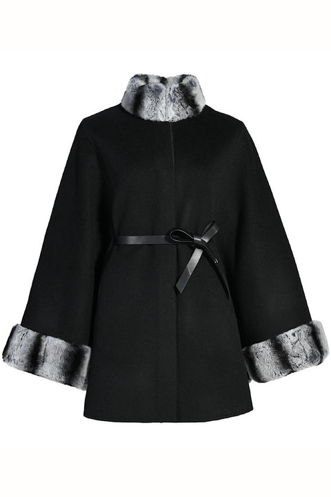 Plus-size double cashmere cape with structured funnel neckline trimmed in soft rex rabbit fur, styled with a removable leather belt for a flattering silhouette.