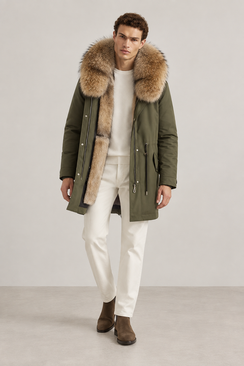 Parka negra de piel forrada para hombre