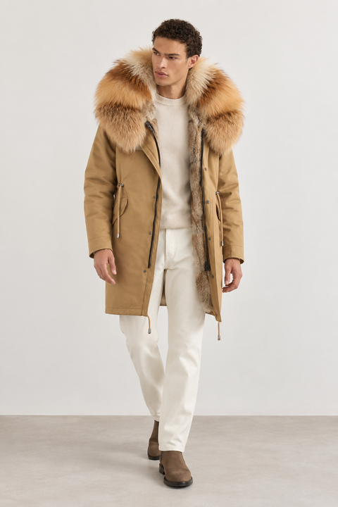 Men Camel Lined Fur Parka