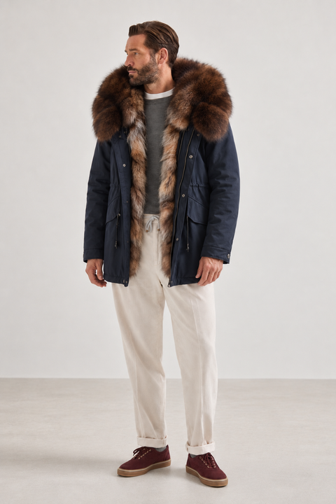 Men Blue Short Lined Fur Parka