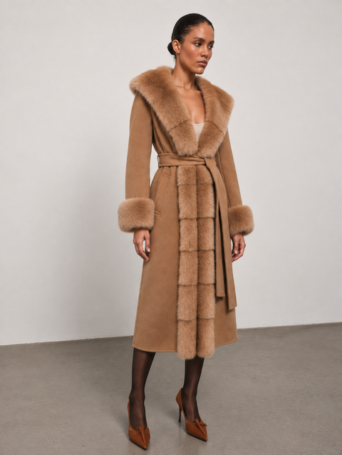 Manteau à capuche en cachemire et vison