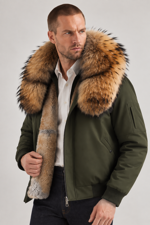 Parka negra de piel forrada para hombre