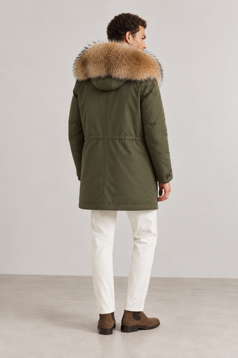 Parka negra de piel forrada para hombre