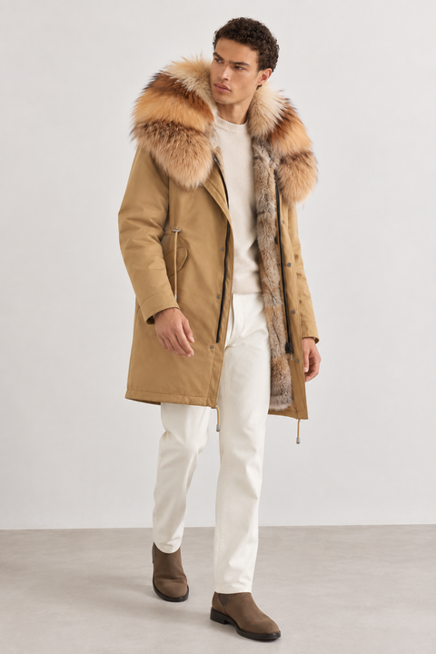 Men Camel Lined Fur Parka