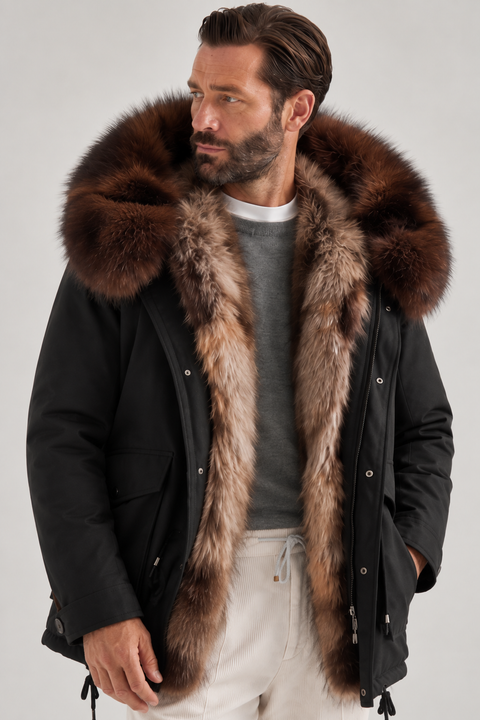 Parka negra de piel forrada para hombre