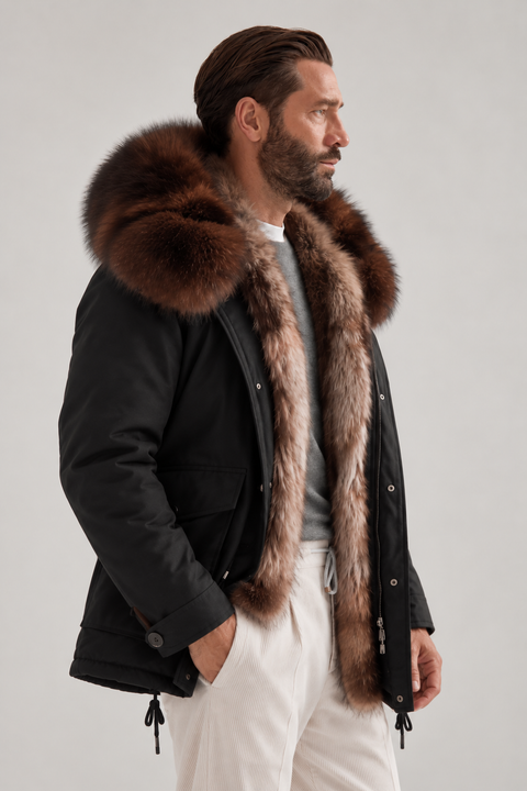 Parka negra de piel forrada para hombre