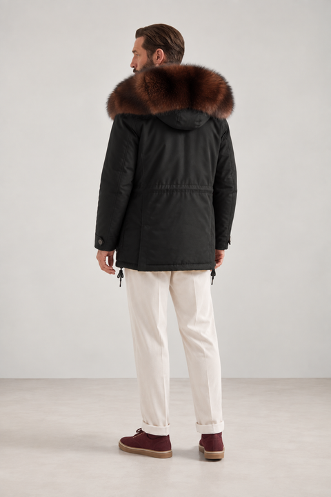 Parka negra de piel forrada para hombre