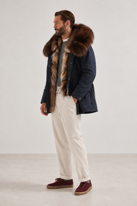 Men Blue Short Lined Fur Parka