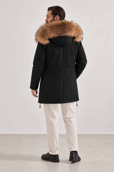 Parka masculina preta com forro de pelo