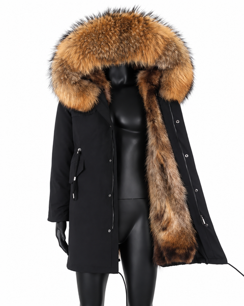 Parka masculina preta com forro de pelo