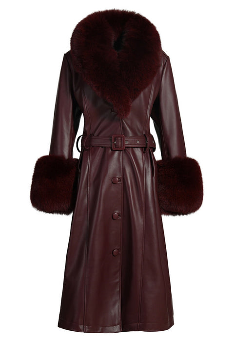 Long Burgundy Leather Trench Coat with Fox Fur, high quality Italian-designed lambskin trench coat with fox fur collar and cuffs.