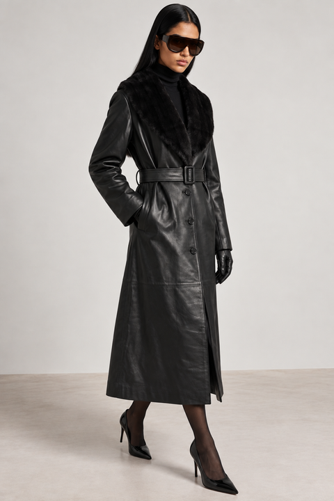 Leather Trench Faux Fur Collar