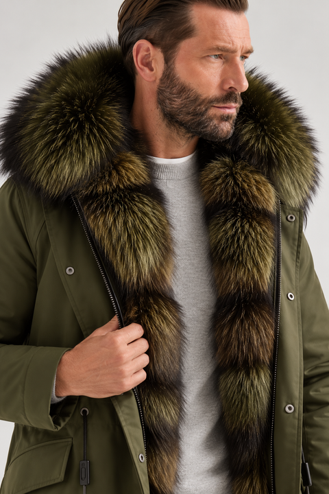 Parka mi-longue noire en fourrure de renard pour homme
