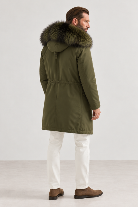 Parka mi-longue noire en fourrure de renard pour homme