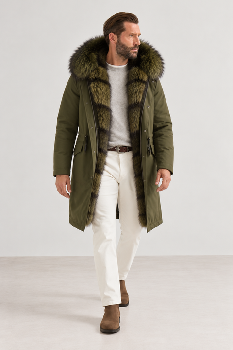 Parka mi-longue noire en fourrure de renard pour homme