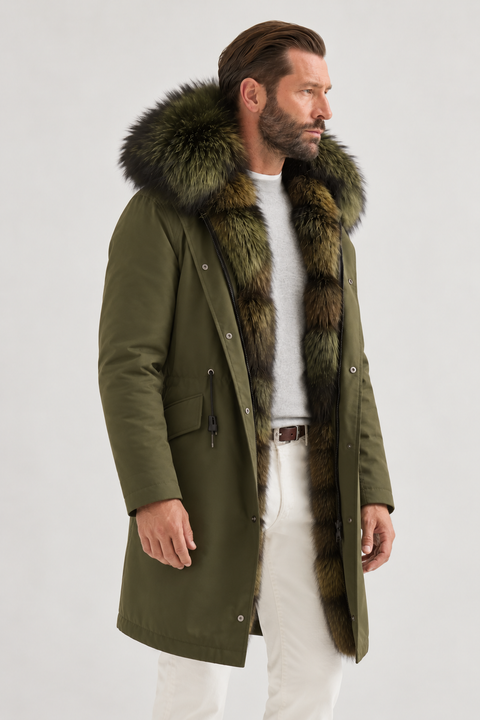 Parka mi-longue noire en fourrure de renard pour homme