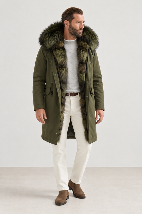 Parka mi-longue noire en fourrure de renard pour homme