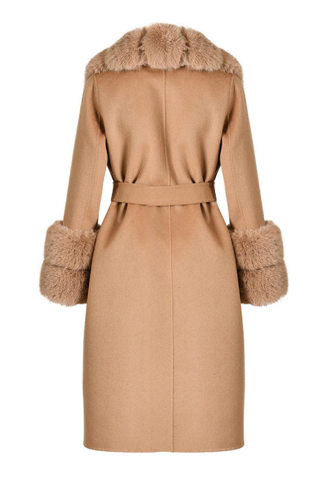A chic camel cashmere coat with exquisite faux fur detailing, designed to keep you cozy and fashionable during the colder months.
