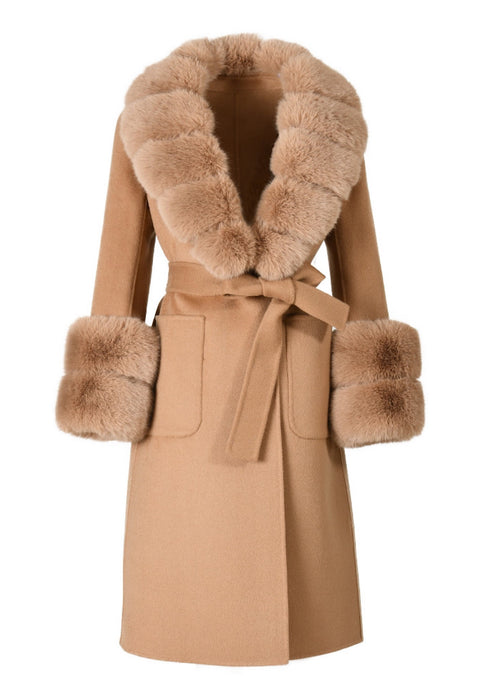 A luxurious camel cashmere coat featuring premium faux fur, offering a warm and stylish layer for chilly weather.