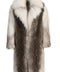 Luxurious long coat crafted from rare 100% Arctic Crossed Marble Fox Fur, featuring a double-breasted front with snap and hidden hook closures for refined elegance.
