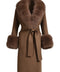 A rich brown cashmere coat with luxurious fox fur detailing, perfect for staying stylish and warm during colder seasons.